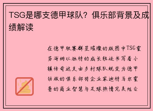 TSG是哪支德甲球队？俱乐部背景及成绩解读